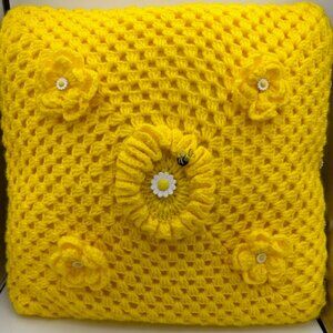 Large Vintage Hand Made Crocheted Yellow Bee Hive and Daisies Overstuffed Pillow
